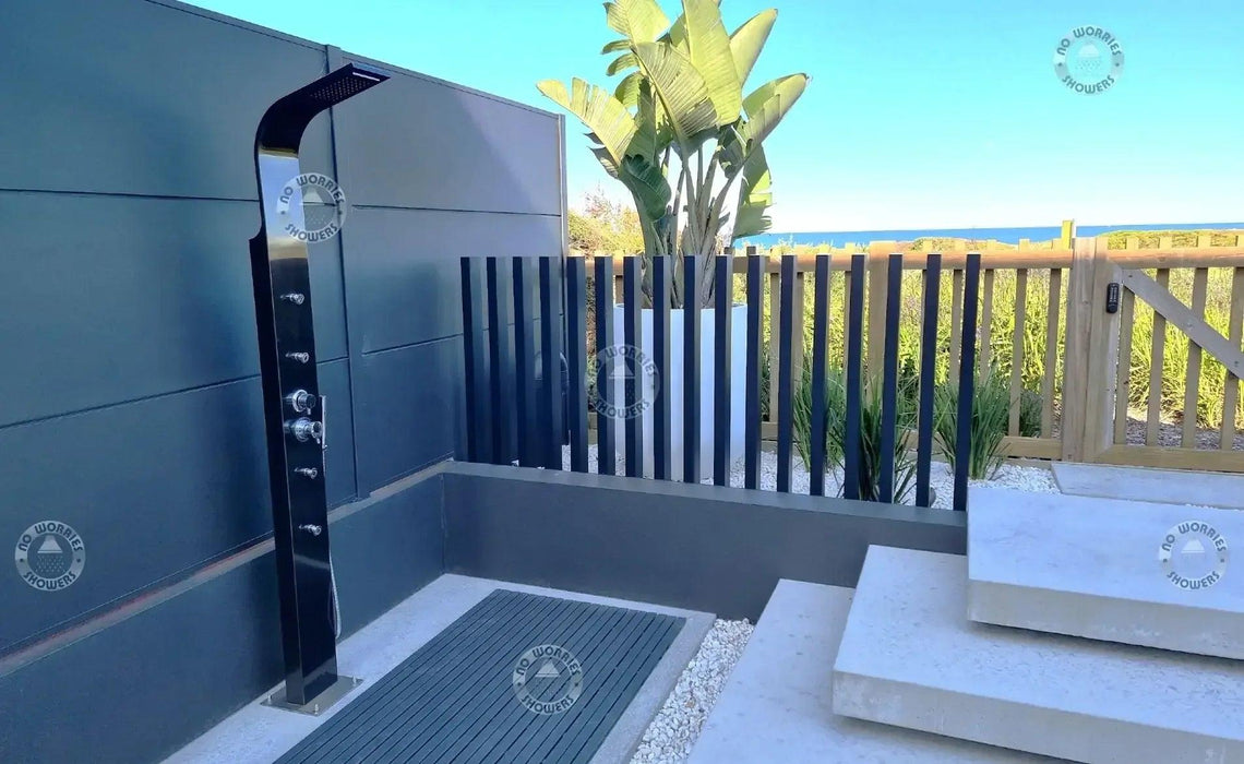 No Worries Showers Brighton Black 316L Stainless Steel Marine Grade Pool Beach Rinse-Off Shower - The Fountain Direct