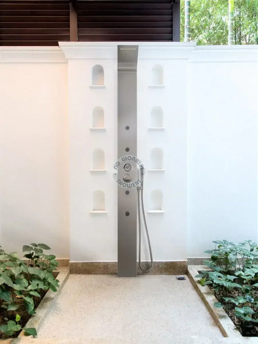 No Worries Showers Brighton Silver 316L Stainless Steel Marine Grade Outdoor Massage Shower - The Fountain Direct 