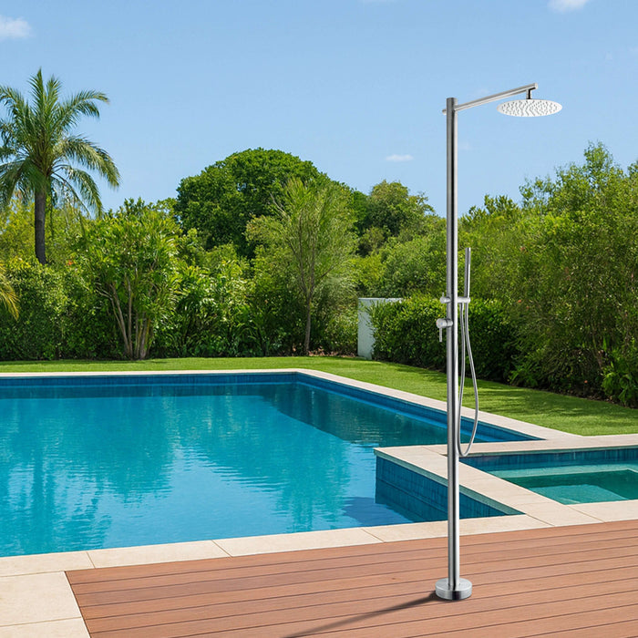 Costera Arena Dual-Function Hot & Cold Outdoor Shower, 10" Rain Head + Hand Shower – Brushed Nickel