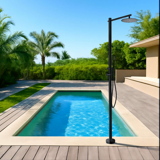 Costera Arena Black Hot & Cold Outdoor Shower Tower with Rain Head & Handheld Wand