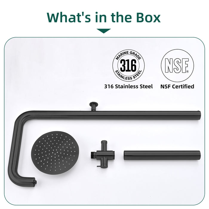 Costera Bahia Matte Black Wall Mount Outdoor Shower, 10" Cold Water Rain Head