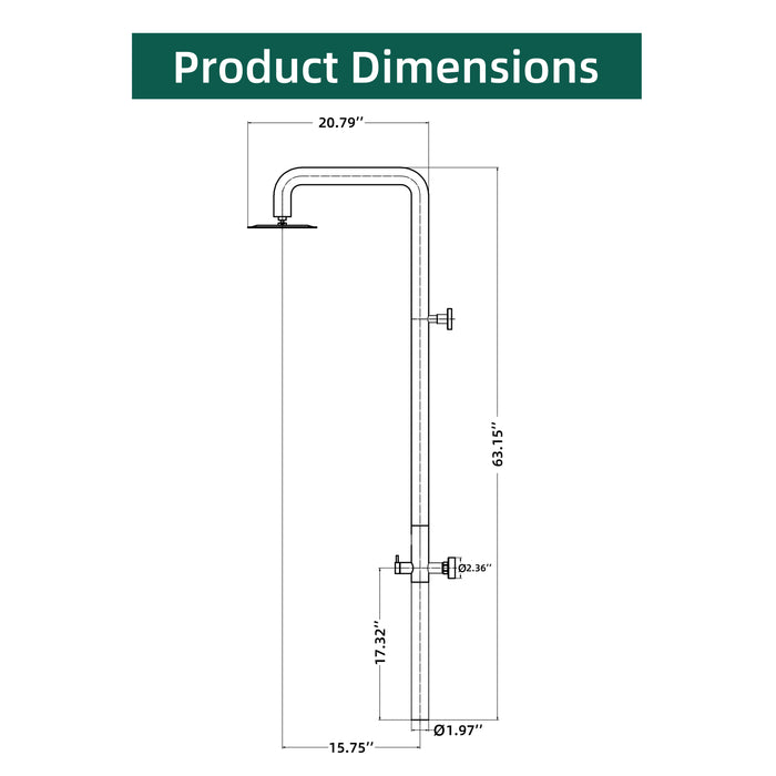 Costera Bahia Matte Black Wall Mount Outdoor Shower, 10" Cold Water Rain Head