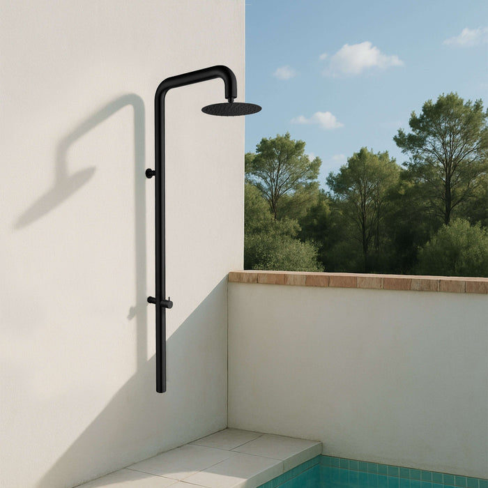 Costera Bahia Matte Black Wall Mount Outdoor Shower, 10" Cold Water Rain Head