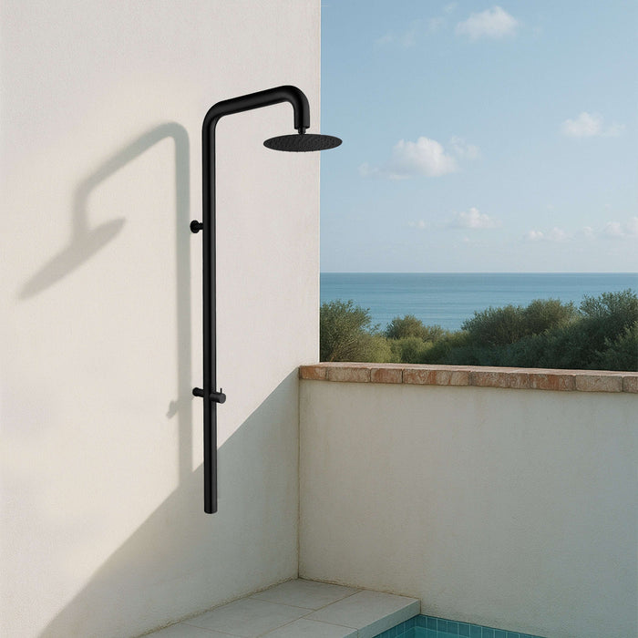 Costera Bahia Matte Black Wall Mount Outdoor Shower, 10" Cold Water Rain Head