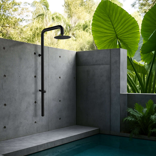 Costera Bahia Matte Black Wall Mount Outdoor Shower, 10" Cold Water Rain Head