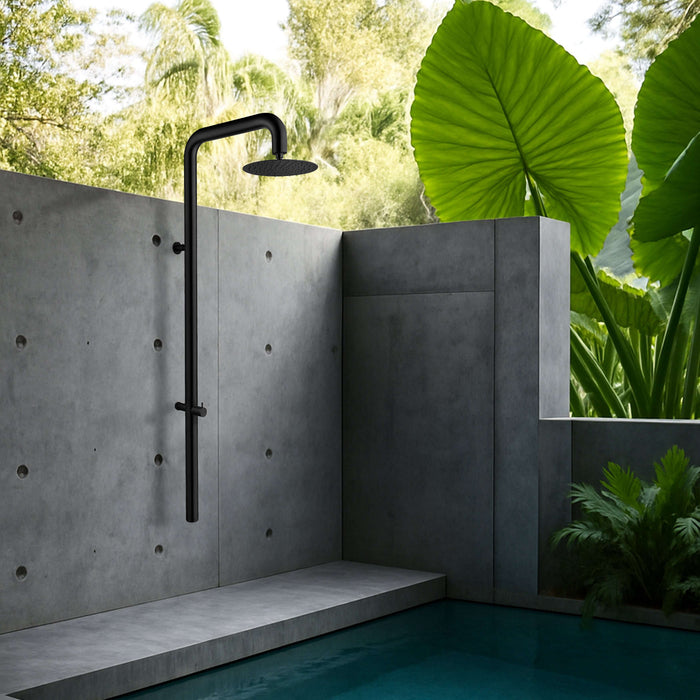 Costera Bahia Matte Black Wall Mount Outdoor Shower, 10" Cold Water Rain Head