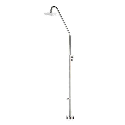 Costera Duna Freestanding Cold Water Outdoor Shower with 10" Rain Head & Foot Rinse Spout – Brushed Nickel