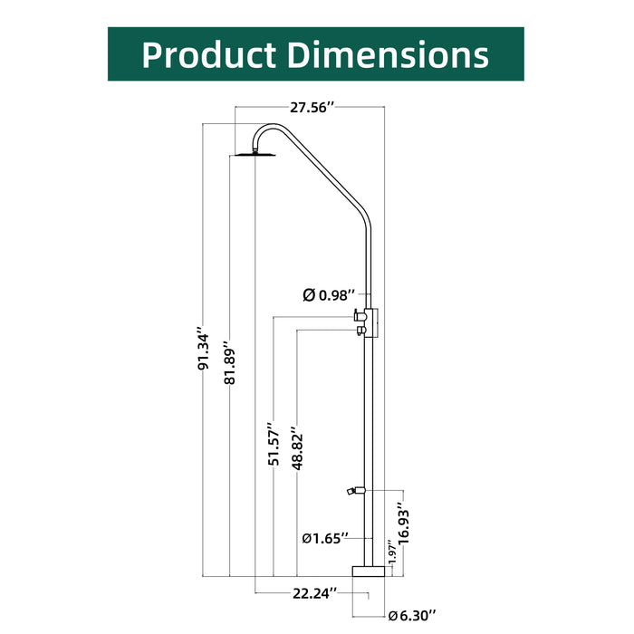 Costera Duna Freestanding Cold Water Outdoor Shower with 10" Rain Head & Foot Rinse Spout – Brushed Nickel