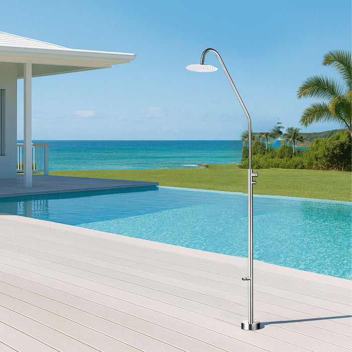 Costera Duna Freestanding Cold Water Outdoor Shower with 10" Rain Head & Foot Rinse Spout – Brushed Nickel
