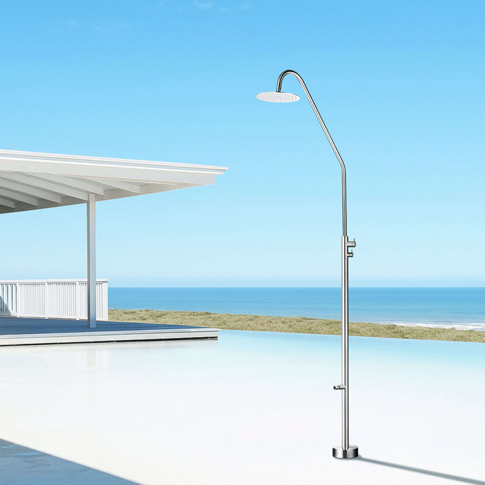 Costera Duna Freestanding Cold Water Outdoor Shower with 10" Rain Head & Foot Rinse Spout – Brushed Nickel