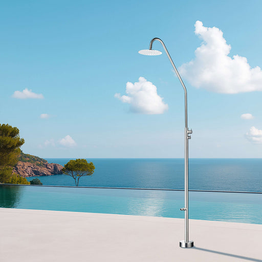 Costera Duna Freestanding Cold Water Outdoor Shower with 10" Rain Head & Foot Rinse Spout – Brushed Nickel