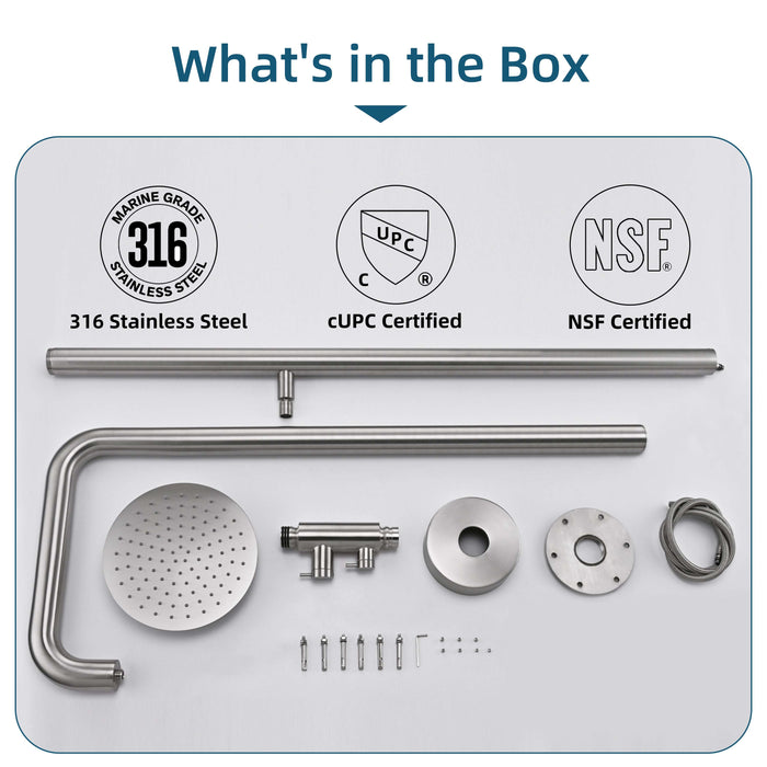 Costera Isla 2-Function Cold Water Outdoor Shower with 10" Rain Head & Foot Rinse – Brushed Nickel