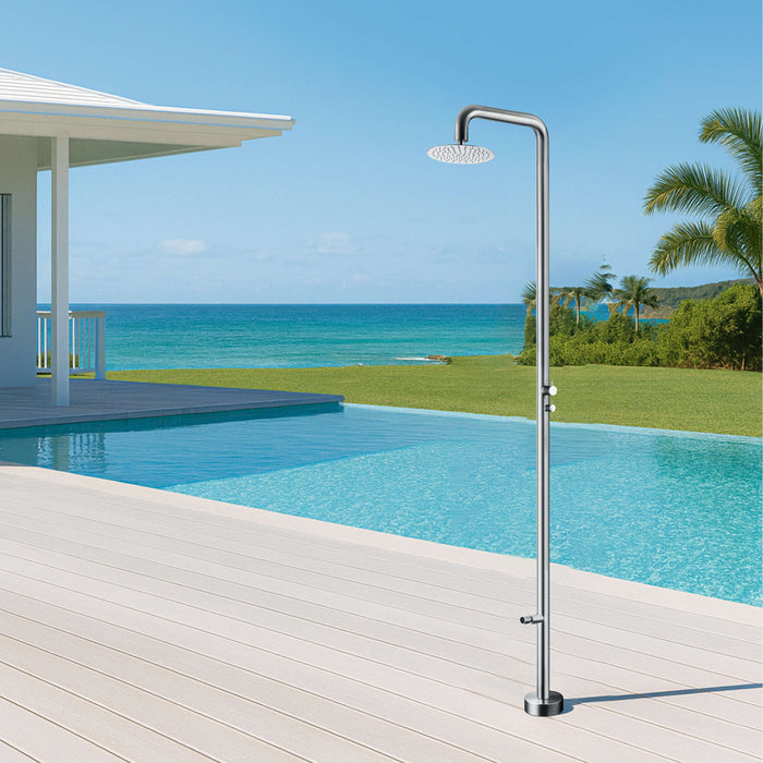 Costera Isla 2-Function Cold Water Outdoor Shower with 10" Rain Head & Foot Rinse – Brushed Nickel