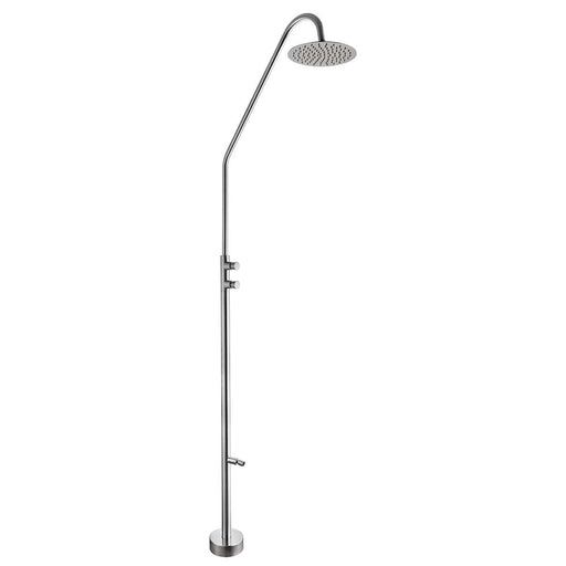Costera Luna Push-Button Cold Water Outdoor Shower with Self-Closing Valves & Foot Spout – Brushed Nickel