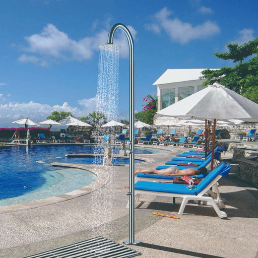Costera Sereno 96-Inch Rainfall Outdoor Shower Tower with Foot Rinse – Brushed Stainless Steel