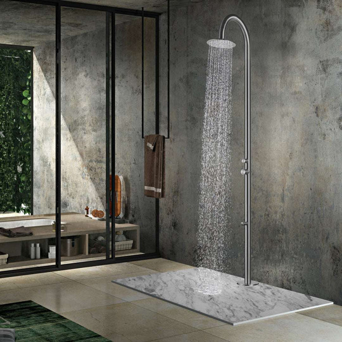 Costera Sereno 96-Inch Rainfall Outdoor Shower Tower with Foot Rinse – Brushed Stainless Steel