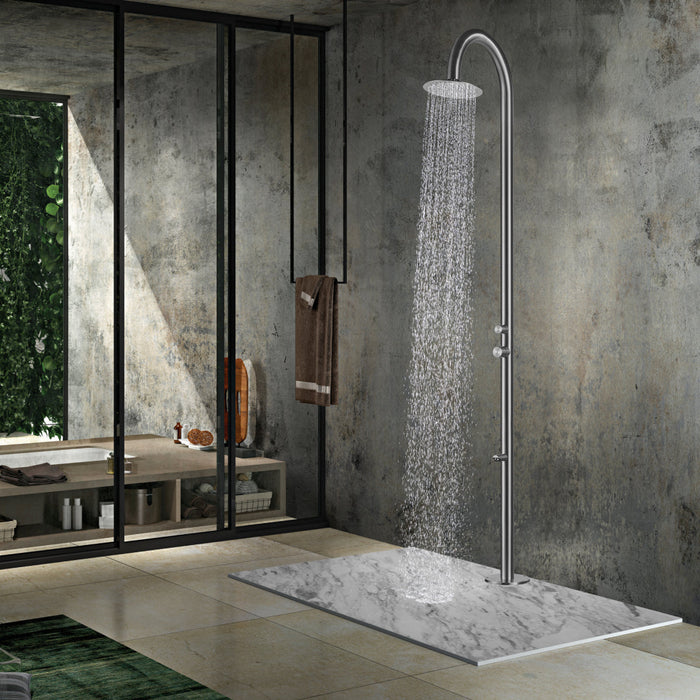Costera Sereno 96-Inch Rainfall Outdoor Shower Tower with Foot Rinse – Brushed Stainless Steel