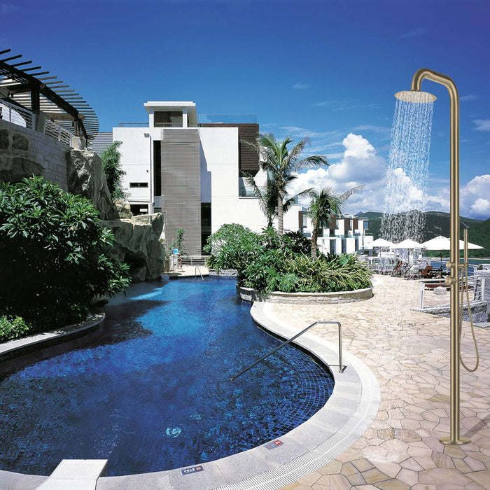 Costera Sol Gold Freestanding Shower Column for Luxury Pools, Hand Shower + Hot & Cold Mixer