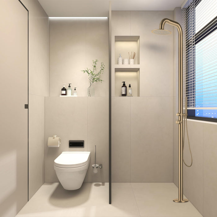 Costera Sol Gold Freestanding Shower Column for Luxury Pools, Hand Shower + Hot & Cold Mixer
