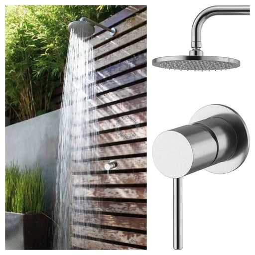 Alpha 316L Marine Grade Stainless Steel Wall-Mounted Outdoor Shower with Rainfall Head and Hot & Cold Mixer - The Fountain Direct 