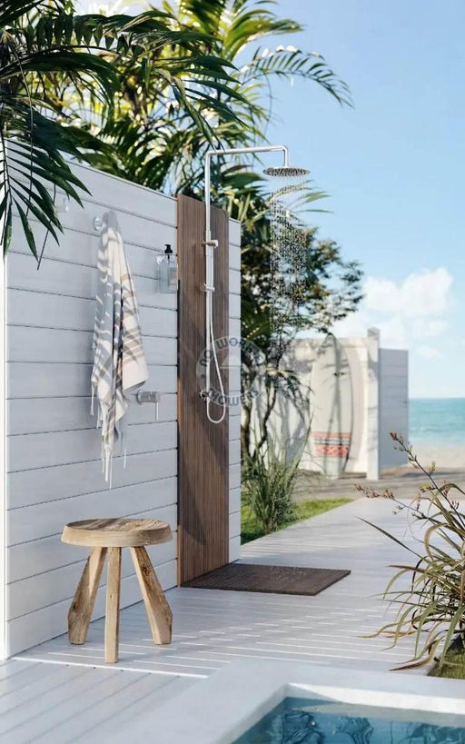 Delta 316L Marine Grade Stainless Steel Wall-Mounted Outdoor Shower with Hand Shower and Mixer - The Fountain Direct 