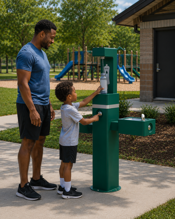 Oasis DGM-BC-FF-GRN Outdoor, Free-Standing Bottle Filler with Split-Level Drinking Fountains – Non-Refrigerated