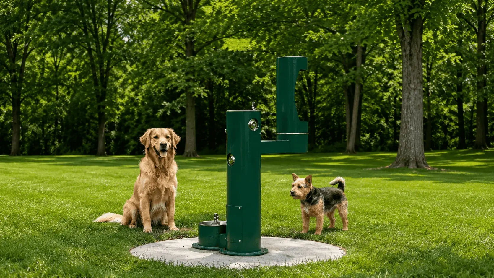 Dog and owner at an outdoor drinking fountain in a park
