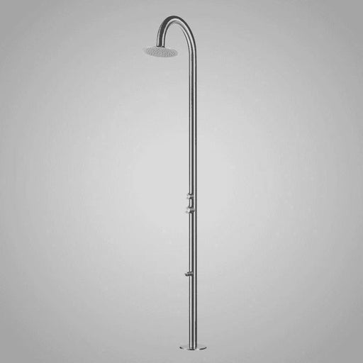 Magnus Freestanding Stainless Steel Outside Shower with Foot Spray – Brushed Finish - The Fountain Direct