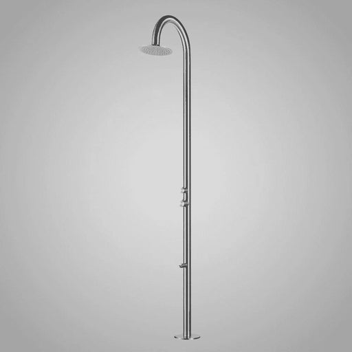 Magnus Freestanding Stainless Steel Outside Shower with Foot Spray – Brushed Finish - The Fountain Direct 