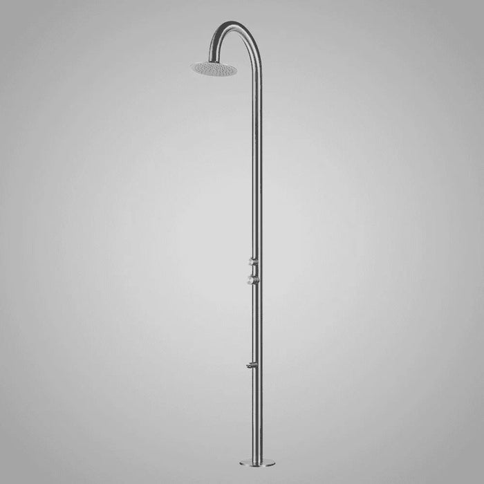 Magnus Freestanding Stainless Steel Outside Shower with Foot Spray – Brushed Finish - The Fountain Direct 