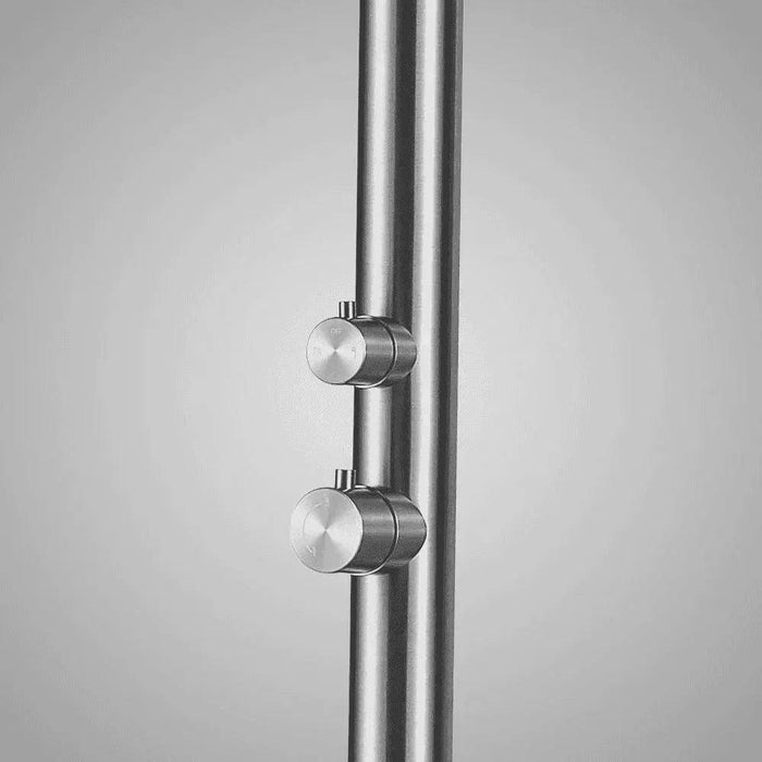 Magnus Freestanding Stainless Steel Outside Shower with Foot Spray – Brushed Finish - The Fountain Direct