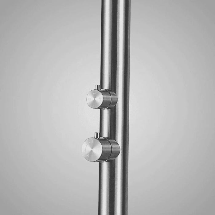 Magnus Freestanding Stainless Steel Outside Shower with Foot Spray – Brushed Finish - The Fountain Direct 