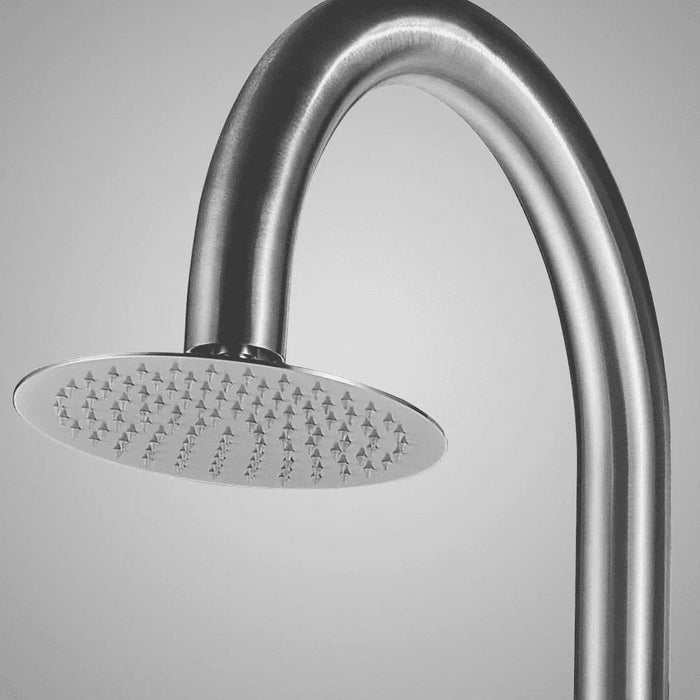 Magnus Freestanding Stainless Steel Outside Shower with Foot Spray – Brushed Finish - The Fountain Direct 