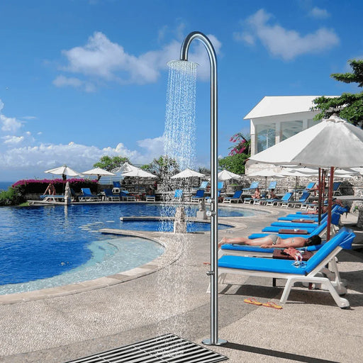 Magnus Freestanding Stainless Steel Outside Shower with Foot Spray – Brushed Finish - The Fountain Direct 