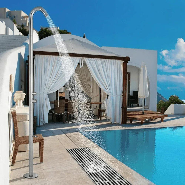 knott-freestanding-stainless-steel-outdoor-shower-with-foot-shower-brushed-finish-40646664880322 - The Fountain Direct