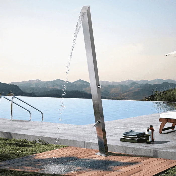 Magnus Freestanding Outdoor Shower Tower with Foot Rinse – Stainless Steel Poolside Panel - The Fountain Direct 