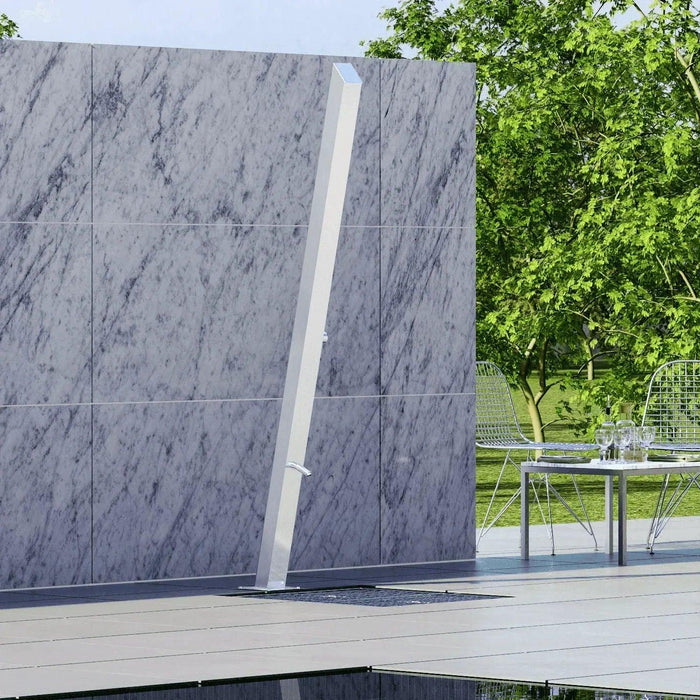 Magnus Freestanding Outdoor Shower Tower with Foot Rinse – Stainless Steel Poolside Panel - The Fountain Direct