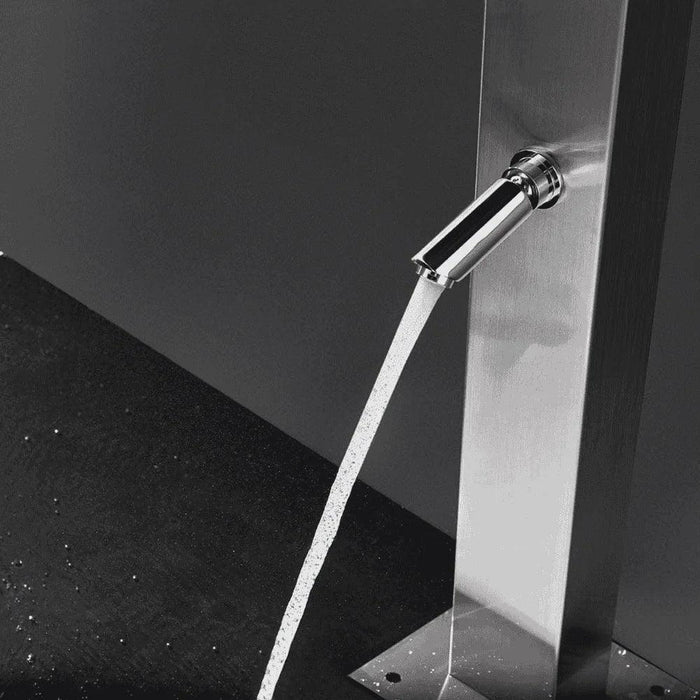 Magnus Freestanding Outdoor Shower Tower with Foot Rinse – Stainless Steel Poolside Panel - The Fountain Direct