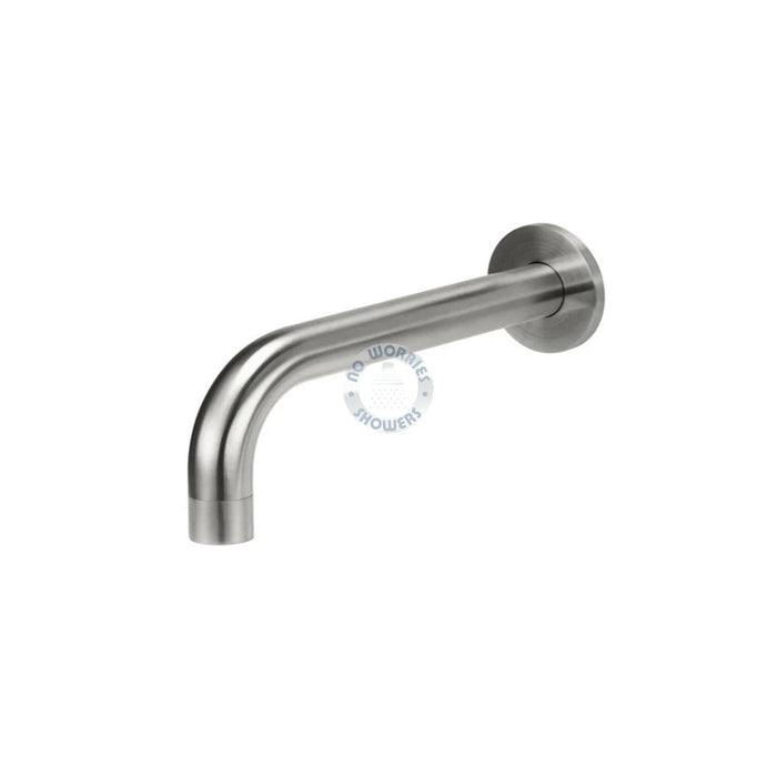 Miami outdoor spout in brushed 316L stainless steel, angled view with wall flange