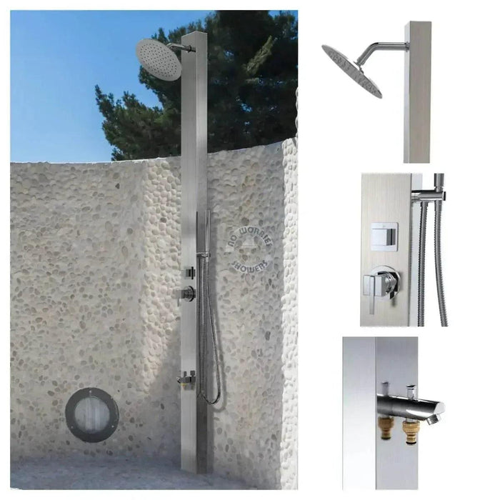 NW Showers Milan Silver ADA 316L Stainless Steel Outdoor Pool Shower with Rainfall Head, Handheld, and Foot Wash - The Fountain Direct