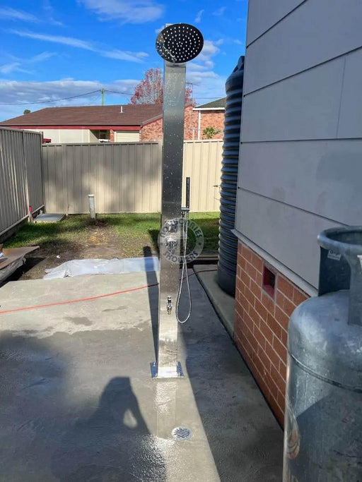 Milan Silver ADA 316L Stainless Steel Outdoor Pool Shower with Rainfall Head, Handheld, and Foot Wash - The Fountain Direct 