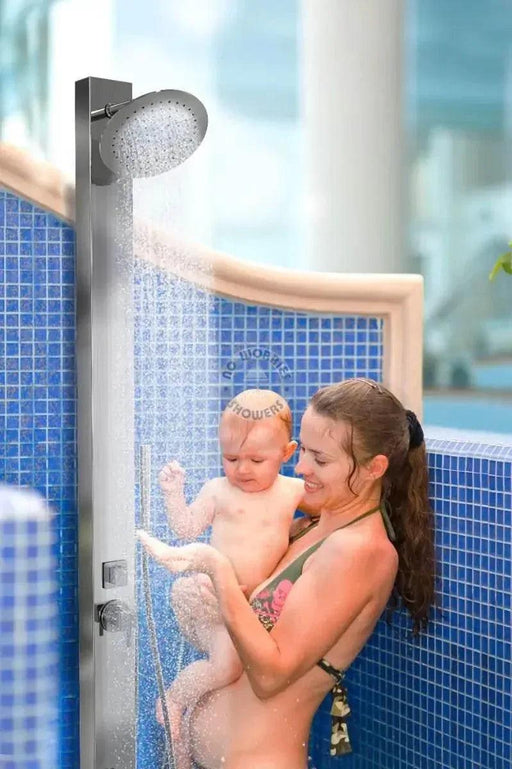 NW Showers Milan Silver ADA 316L Stainless Steel Outdoor Pool Shower with Rainfall Head, Handheld, and Foot Wash - The Fountain Direct