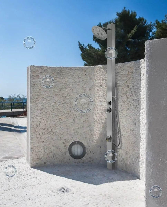 Milan Silver ADA 316L Stainless Steel Outdoor Pool Shower with Rainfall Head, Handheld, and Foot Wash - The Fountain Direct 