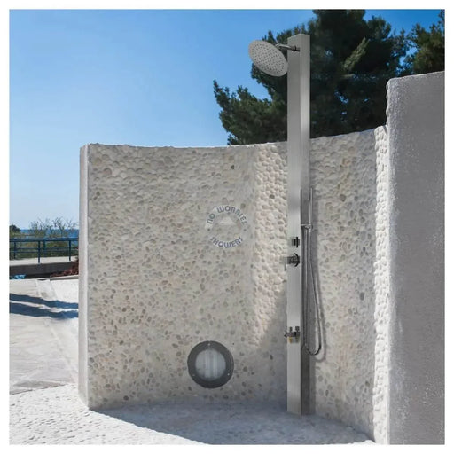 Milan Silver ADA 316L Stainless Steel Outdoor Pool Shower with Rainfall Head, Handheld, and Foot Wash - The Fountain Direct 