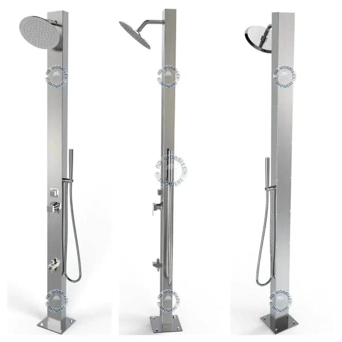 NW Showers Milan Silver ADA 316L Stainless Steel Outdoor Pool Shower with Rainfall Head, Handheld, and Foot Wash - The Fountain Direct