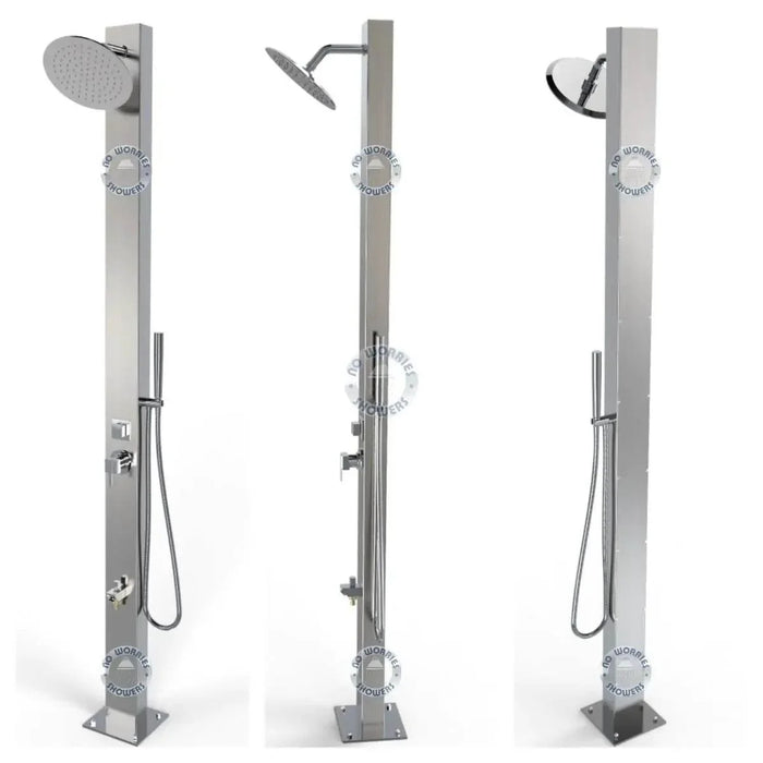 Milan Silver ADA 316L Stainless Steel Outdoor Pool Shower with Rainfall Head, Handheld, and Foot Wash - The Fountain Direct 