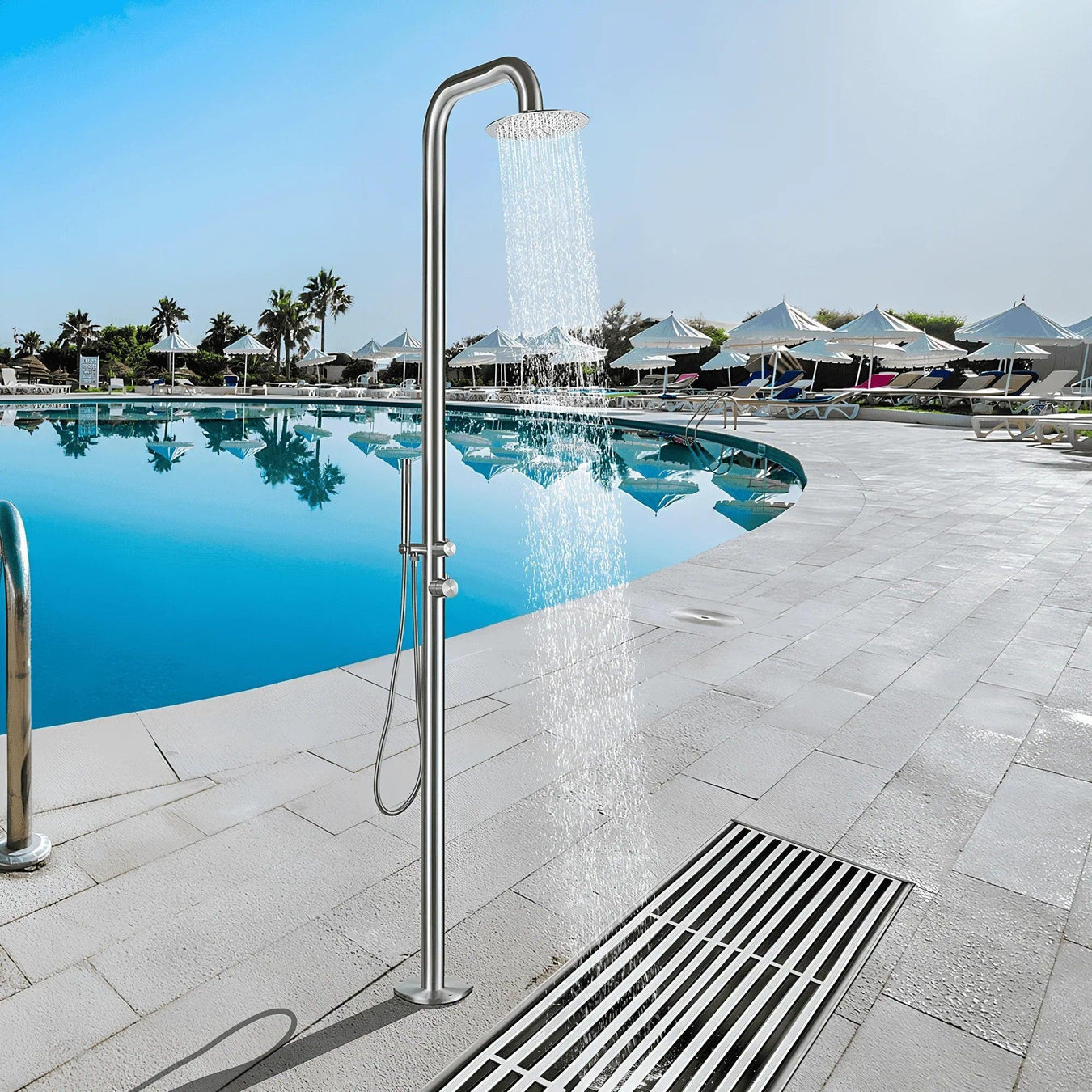 Magnus Rainfall Outdoor Shower Tower with Hand Shower – Stainless Steel Freestanding Unit - The Fountain Direct