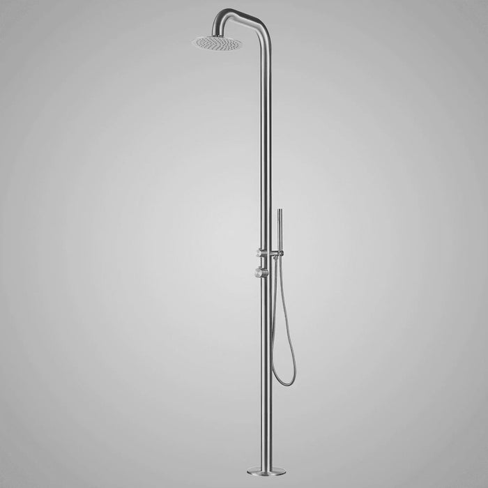 Magnus Rainfall Outdoor Shower Tower with Hand Shower – Stainless Steel Freestanding Unit - The Fountain Direct