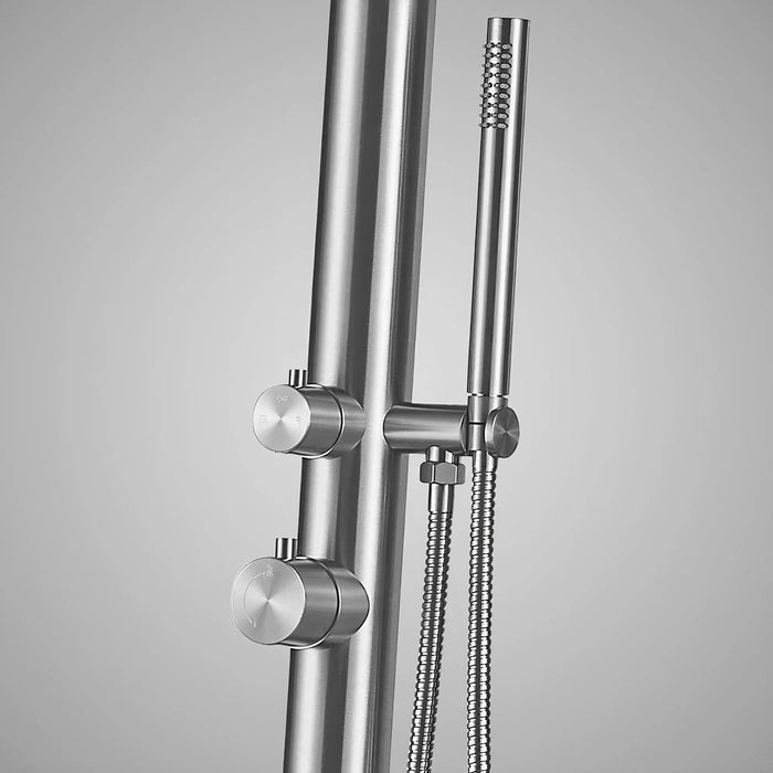Magnus Rainfall Outdoor Shower Tower with Hand Shower – Stainless Steel Freestanding Unit - The Fountain Direct 