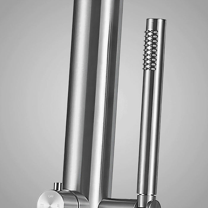 Magnus Rainfall Outdoor Shower Tower with Hand Shower – Stainless Steel Freestanding Unit - The Fountain Direct